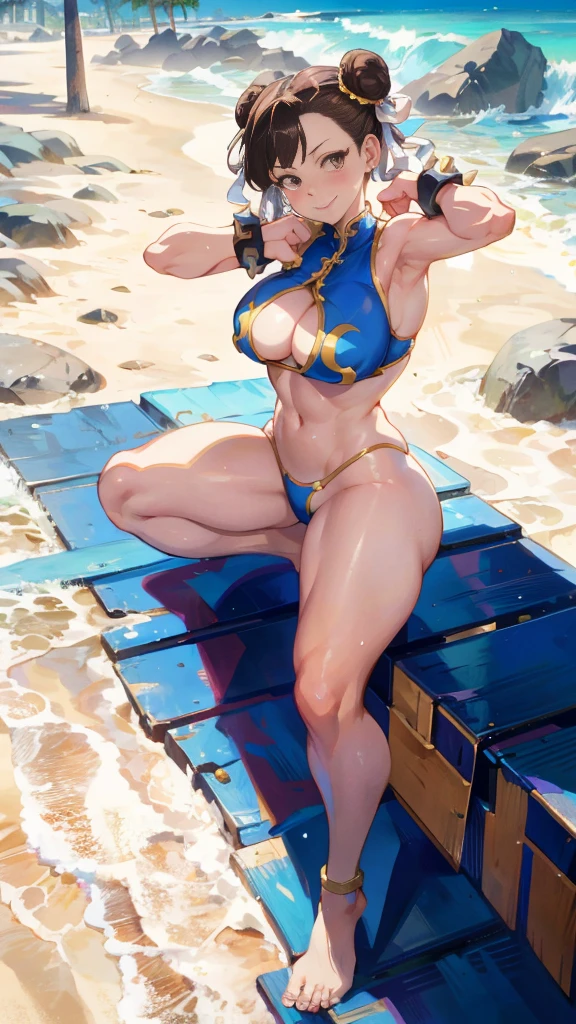 Street fighter chun li smiling, showing armpits and pussy, half naked.(((half naked))) at the beach, full body, swim suit