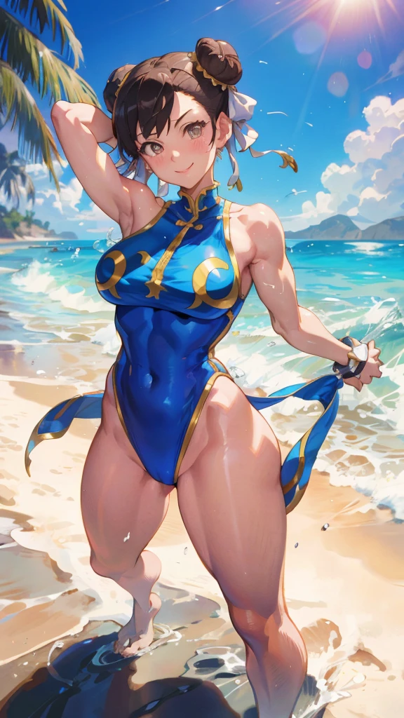 Street fighter chun li smiling, showing armpits and pussy, half naked.(((half naked))) at the beach, full body, swim suit