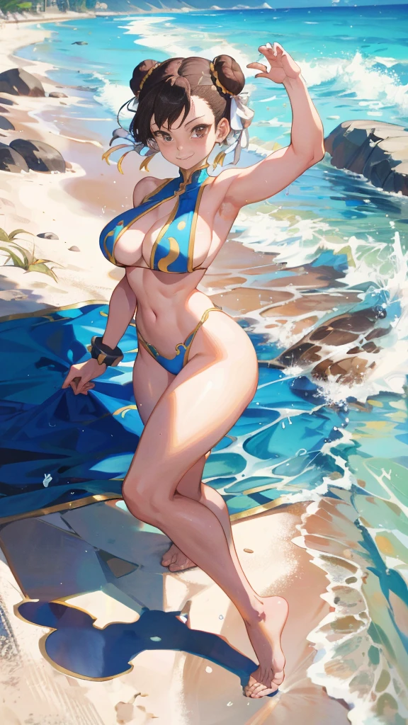 Street fighter chun li smiling, showing armpits and , .((())) at the beach, full body, swim suit 