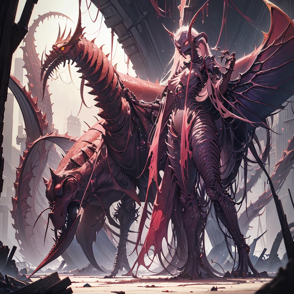Dark, eerie atmosphere, futuristic setting, alien creature, biomechanical features, sharp claws, elongated head, metallic exoskeleton, glowing eyes, ominous shadows, abandoned laboratory, detailed textures, by H.R. Giger, ArtStation. Holding a red headed teenager wearing ripped lab jacket exposing lace bra and thong, wearing stockings, inspired by ann summers lingerie
