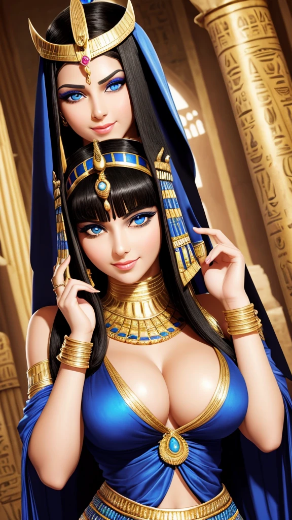 Cleopatra from Egypt blue eyes evil face she is beautiful she has big breasts Egyptian outfits on her face white skin rosy nose short black hair hand on mouth sexy looks desudor perfect smile caressing with rings and holding grapes