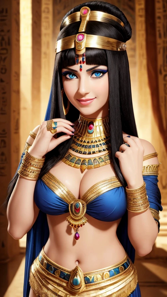  from Egypt blue eyes evil face she is beautiful she has  Egyptian outfits on her face white skin rosy nose short black hair hand on mouth  looks desudor perfect smile caressing with rings and holding grapes
