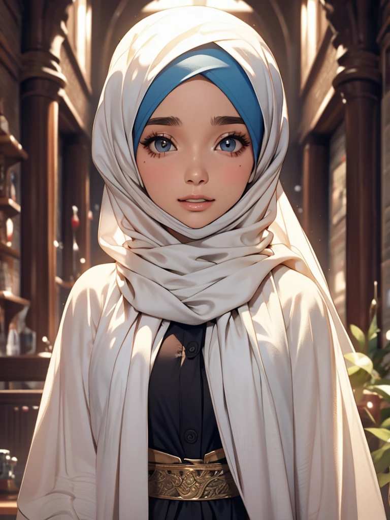 photorealistic, high resolution, 1 beautiful muslim woman, solo, look at viewer, (detailed face), white hair, hijab, doctor outfit, name tag, highly detailed,