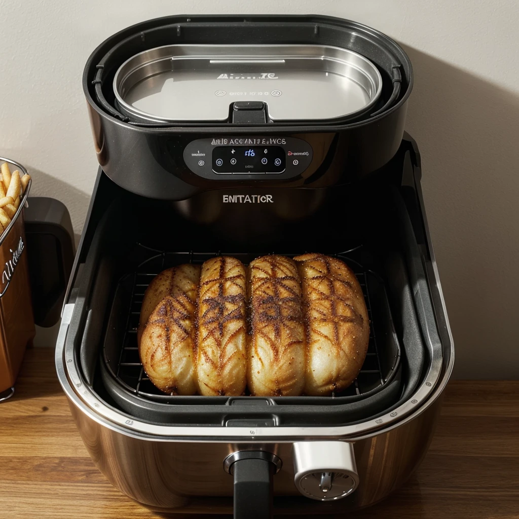 ### IMAGEM DE UMA AIRFRYER: Hyperrealistic in Clear Glass

Description:
- enviroment: Neutral studio with soft gray background, no visual distractions to focus exclusively on the AirFryer.
- product: AirFryer made of  glass, allowing a clear view of all internal components.
- lighting: Soft, diffused lights around, with a more intense focus of light coming from above, destacando a transparência do vidro e creating reflexos e brilhos sutis. Small light spots on the sides to accentuate the interior details.
- Internal Details:
  - Heated Resistance: The heating element on the top of the AirFryer is on, emitting a reddish-orange glow, suggesting intense heat. Visible threads of heat radiating from the resistance, adding a touch of realism.
  - Food Cooking: Inside the cooking basket, you can see a portion of French fries browning. The steam subtly rising, visible against the glass, and drops of oil starting to sizzle on the surface of the potatoes.
  - Air flow: Small particles of hot air may be visible circulating around the food, demonstrating the movement of air inside the AirFryer.
- Additional Elements: 
  - Metallic Surfaces and Components: Details of the internal components in brushed metal, with a polished and modern appearance.
  - Technical details: Floating digital labels around the AirFryer, showing temperature information, cooking time and other settings.
  - Reflection Effect: AirFryer's clear glass creates soft reflections of the surrounding environment, Adding depth and realism to the image.

final result: 
- The image must have a cinematic appearance, with a hyperrealistic level of detail that makes the AirFryer look like a work of technological art. The transparency of the glass not only highlights the beauty of the product design, but also allows the observer to see the cooking process in action, creating