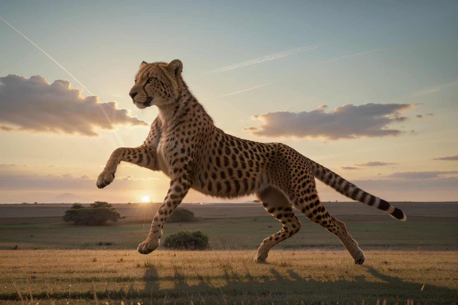(best quality,4k,8k,highres,masterpiece:1.2),ultra-detailed,(realistic,photorealistic,photo-realistic:1.37),cheetah,muscular defined body,sharp intense eyes,running across grassland,sunset rays,high-speed motion blur,wildlife photography,rich details,HD quality,3D rendering,vivid colors,studio lighting