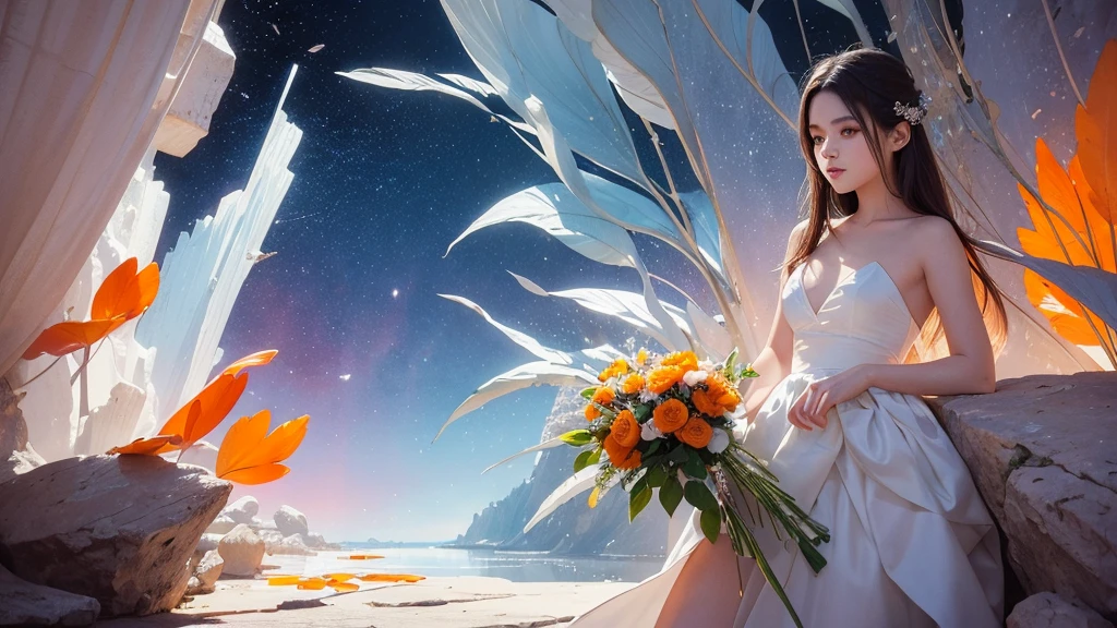 32k, Masterpiece, Highest quality, One girl, Detailed eyes, flower,Alstroemeria, White and orange style,A dreamy, romantic piece,Pale purple, Mysterious Leaves,A playful arrangement,Fantasy,High Contrast,Ink strokes,explosion,Exposure, Impression of white and orange tones,Abstract,((Watercolours by John Berkey and Jeremy Mann )) Brush strokes,Negative Space, Tyndall effect,