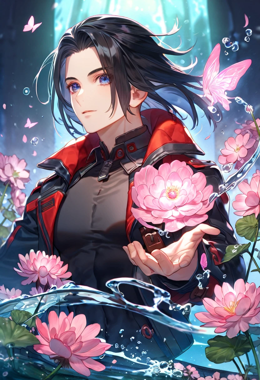 absurdres, highres, ultra detailed, HDR, master piece, best quality, extremely detailed face, delicated features, Hugo Pennywort, black hair, without bangs, gray highlights in the hair, God Eater 3, solo, sexy man, handsome, black cropped coat, black tight shirt, water, blossoms, pink flowers, pink butterflies, fantasy, magic, radiant