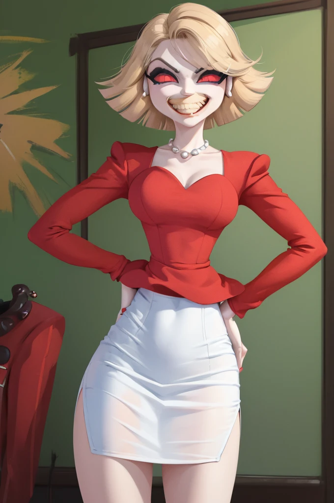 (masterpiece, best quality:1.2), cowboy shot, solo, 1girl, katie killjoy, evil grin, looking at viewer, hands on hips, red dress, jewelry, necklace, earrings