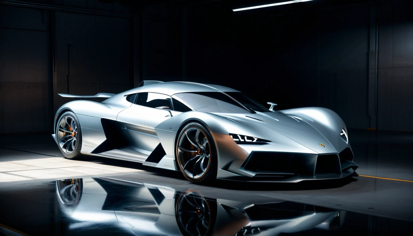 Futuristic sports car, minimalist garage, sleek design, metallic paint, studio lighting, by WETA Workshop and Vehicle Design, artstation, hyperrealistic, (shadows:1.5) for depth, (reflections:1.5) on the car body