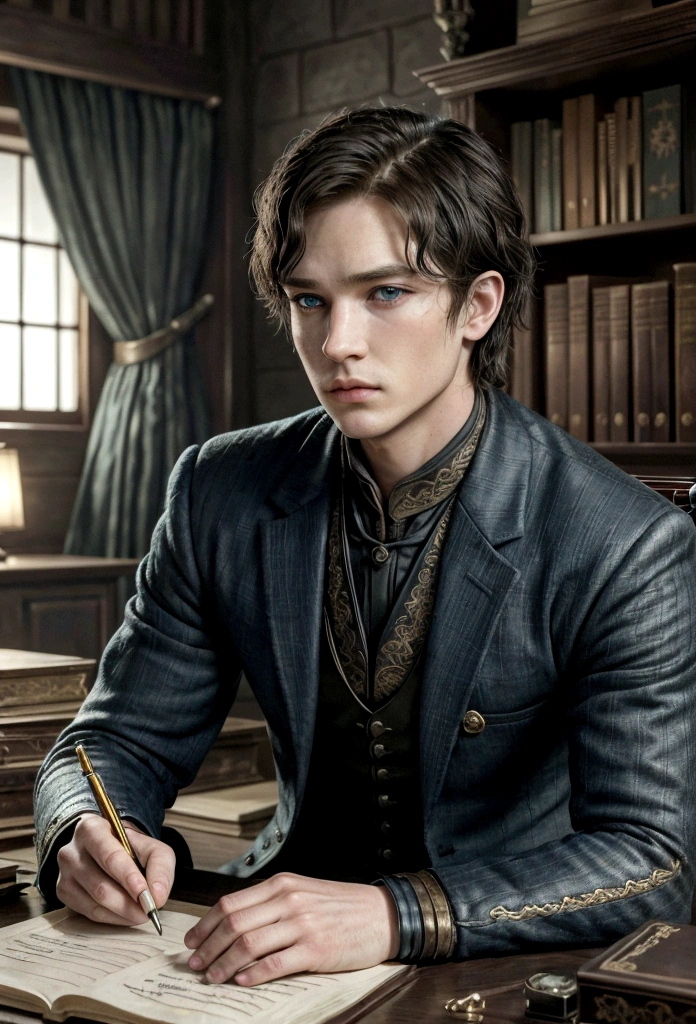 A meticulously organized desk with documents and a quill pen, while man writes a letter,Game of Thrones,boy is tall and has short hair, blue colored eyes, dark expression, wear black and gold, mascle