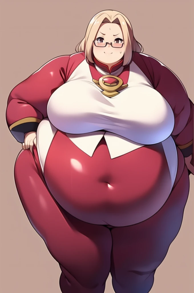 Anime Women, Lady、Forehead、Afro、Curly hair、Glasses、Brown eyes、Are fat、Chubby、Voluptuous、obesity、Double chin、Cheek、Fat-covered neck、Big Breasts、Saggy breasts、Thick upper arms、Fat Belly、Maroon Unitard、Bodysuit、Gloss、Sweat、Embarrassed