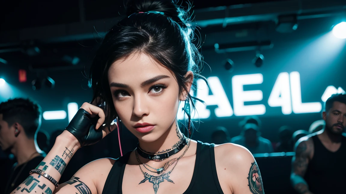 techno music, house music, dancing girls, DJ girl, realistic, high res, tank top, tattoos, piercing, brads, live music, class, Nightclub DJ, Dancing Inspired, Looking at Camera, Wide shooting, cinema lens, skin glowing, Hang the headphones from her neck, Breasts swaying to the beat