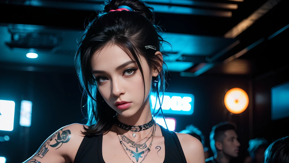 techno music, house music, dancing girls, DJ girl, realistic, high res, tank top, tattoos, piercing, brads, live music, class, Nightclub DJ, Dancing Inspired, Looking at Camera, Wide shooting, cinema lens, skin glowing, Hang the headphones from her neck, Breasts swaying to the beat