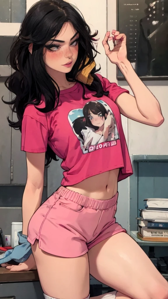 A beautiful woman, detailed eyes, Messy dark hair, during, He is wearing a pink t-shirt with a cute design., some shorts and white socks, Shibuya, front view, blush, posing, perfect hands, good anatomy