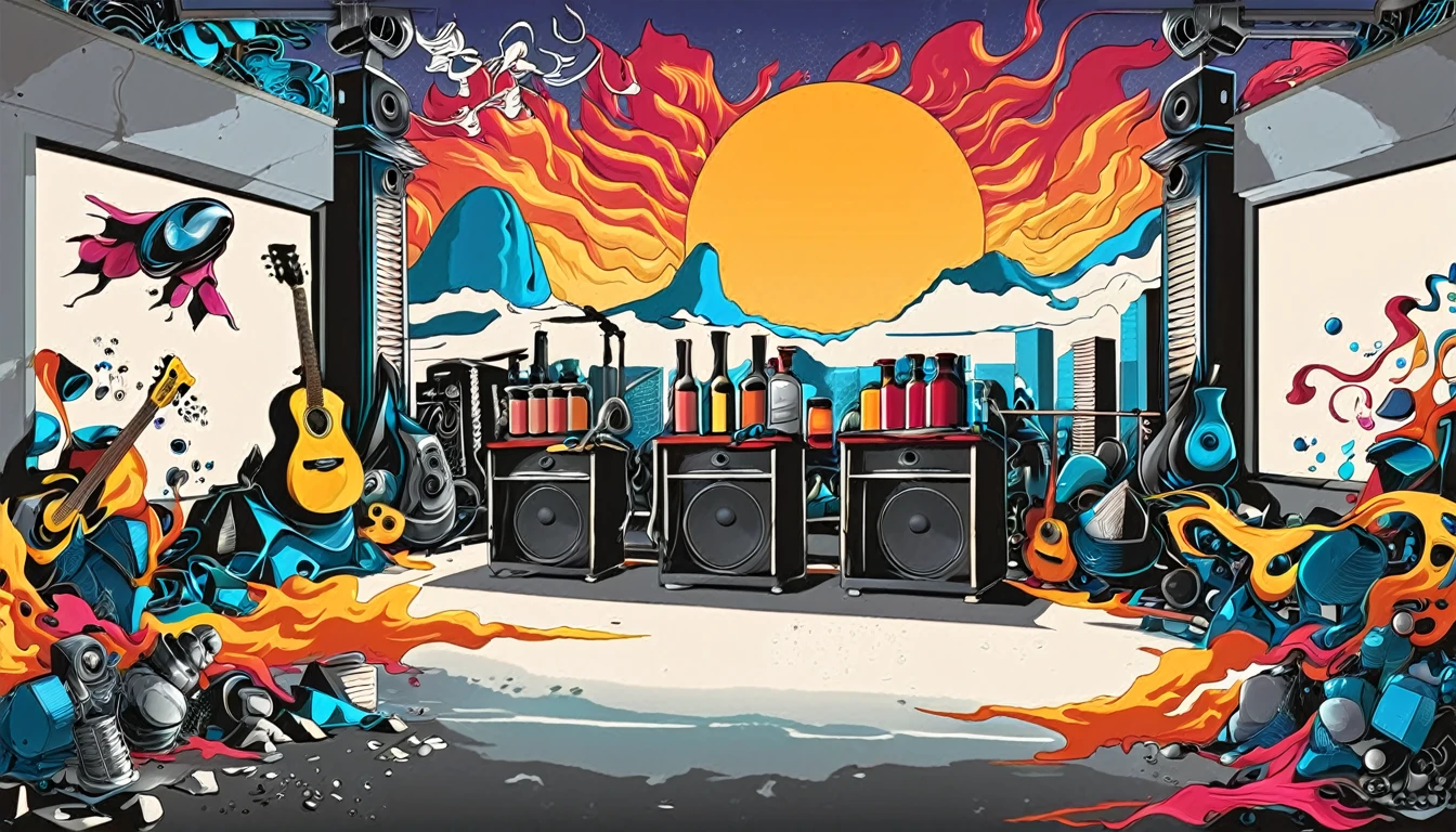 Masterpiece; Guitars and drums in a small science lab(((several science bottles around the room))); World map on the wall. sciencie complete with speakers and glass flasks of chemistry, embody the resilience and tenacity of the scientific community, infused with a bold graphic allure that enlivens the spirit of science. The design penetrates layers of depth, integrating the raw essence and vibrant cores of Rio de Janeiro culture. Brushstrokes that incorporate the fluid energy of graffiti on guitars and acoustic guitars weave around dynamic geometric shapes, adorning the laboratories with an evocative masterpiece that speaks to the heart of the intersection between two diverse worlds. Majestically rendered in high definition and vibrant color, every detail bursts with life, inviting viewers to marvel at the beauty that; by Monet