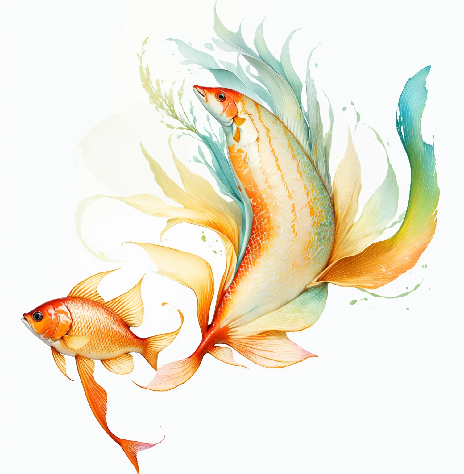 There is a fish,It is painted with colorful colors, Colorful fish, 一幅美丽的Art Illustration, Gorgeous and smooth, Require fish, Art Illustration, Require, Intricate flowing paint, Require colors, Painted in bright watercolor, Full color illustrations, White coloring, Written in light colors on white, Beautiful digital illustrations, Color illustrations