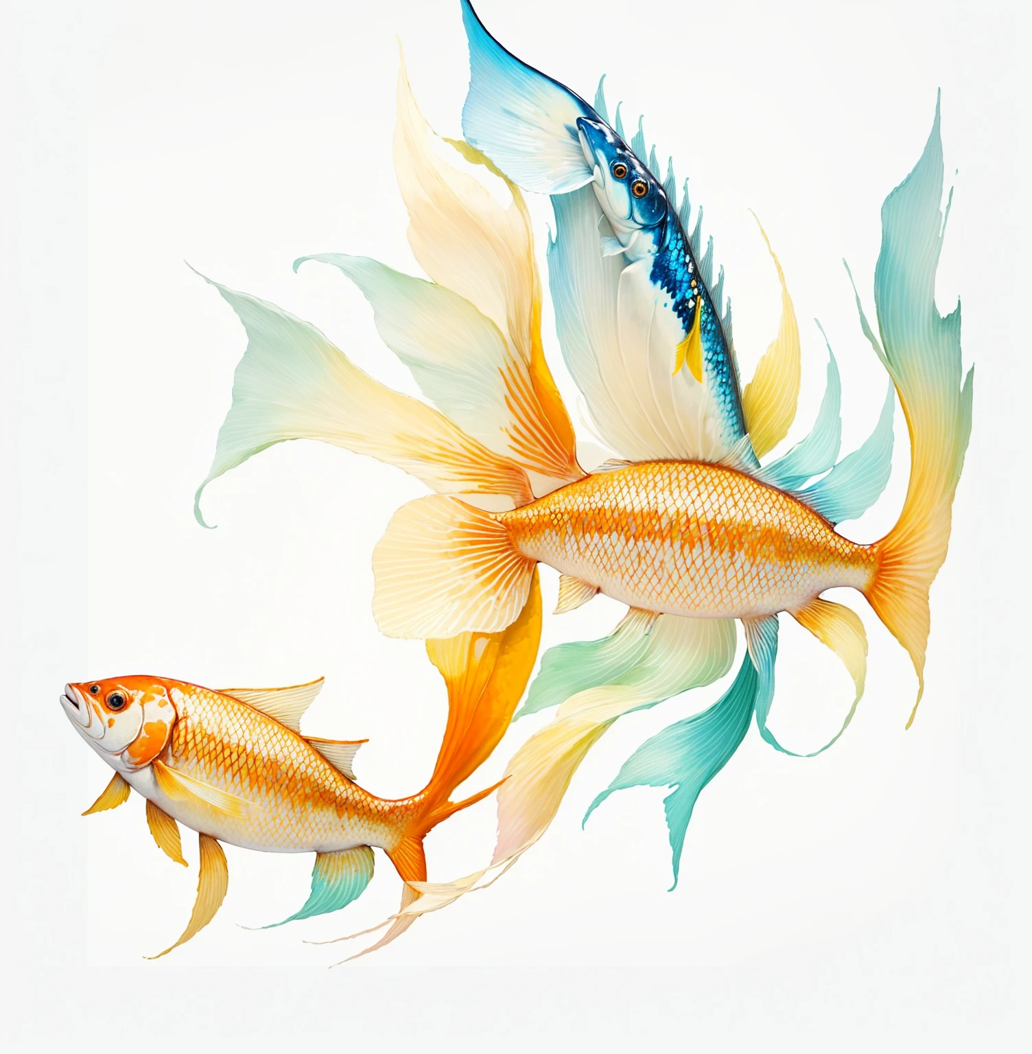There is a fish，It is painted with colorful colors, Colorful fish, 一幅美丽的Art Illustration, Gorgeous and smooth, Require fish, Art Illustration, Require, Intricate flowing paint, Require colors, Painted in bright watercolor, Full color illustrations, White coloring, Written in light colors on white, Beautiful digital illustrations, Color illustrations