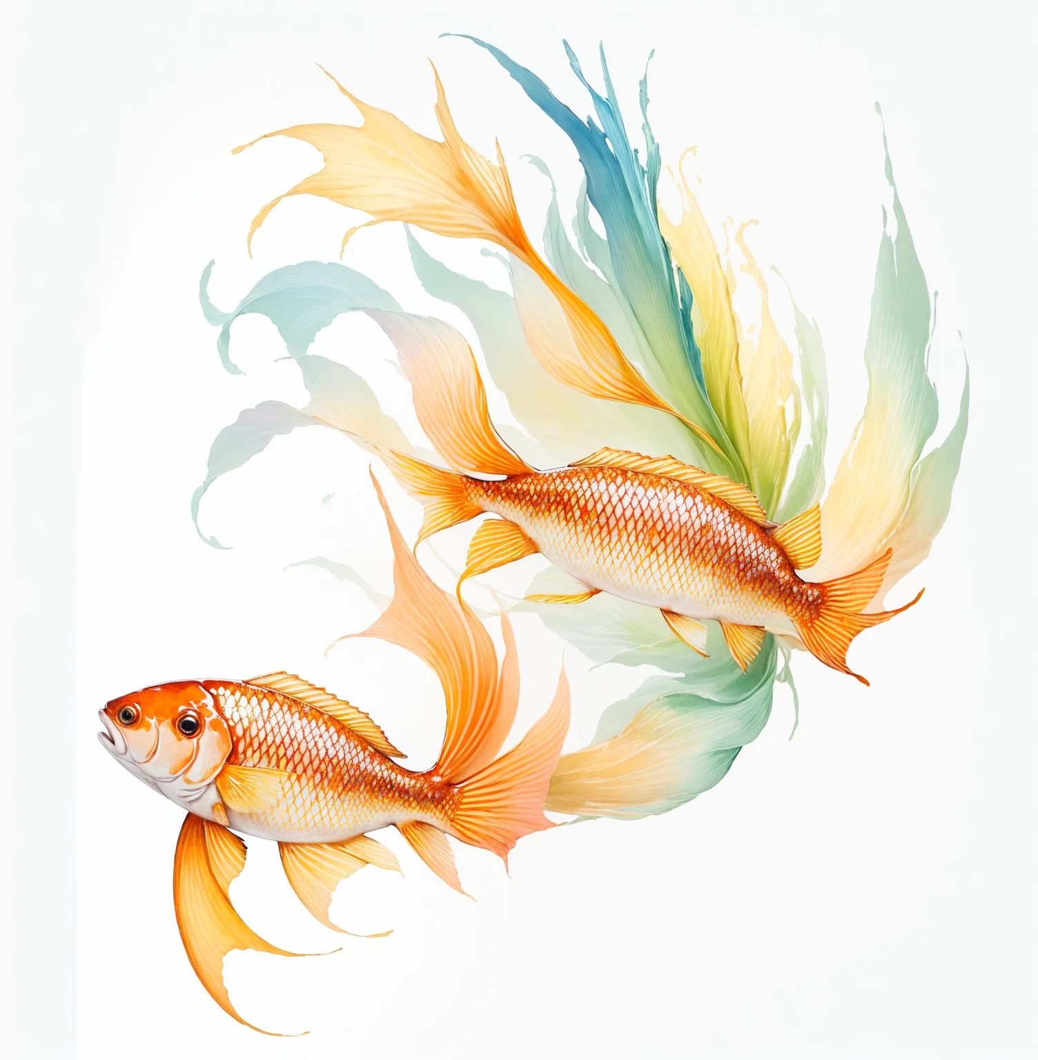 There is a fish,It is painted with colorful colors, Colorful fish, 一幅美丽的Art Illustration, Gorgeous and smooth, Require fish, Art Illustration, Require, Intricate flowing paint, Require colors, Painted in bright watercolor, Full color illustrations, White coloring, Written in light colors on white, Beautiful digital illustrations, Color illustrations