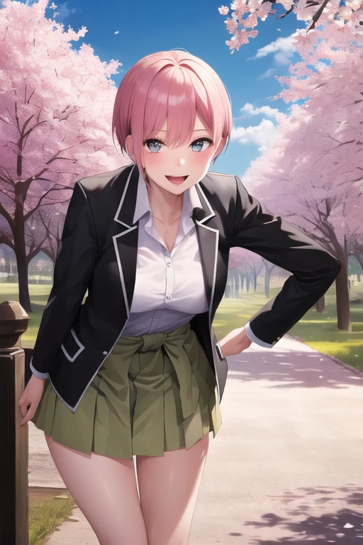 Masterpiece, best quality, high resolution, fine, short hair, white shirt, collared shirt, black jacket, casual jacket, open jacket, long sleeves, clothing around the waist, green skirt, pleated skirt, leaning forward, arms behind back, smile, open mouth, standing, outdoors, falling cherry blossoms