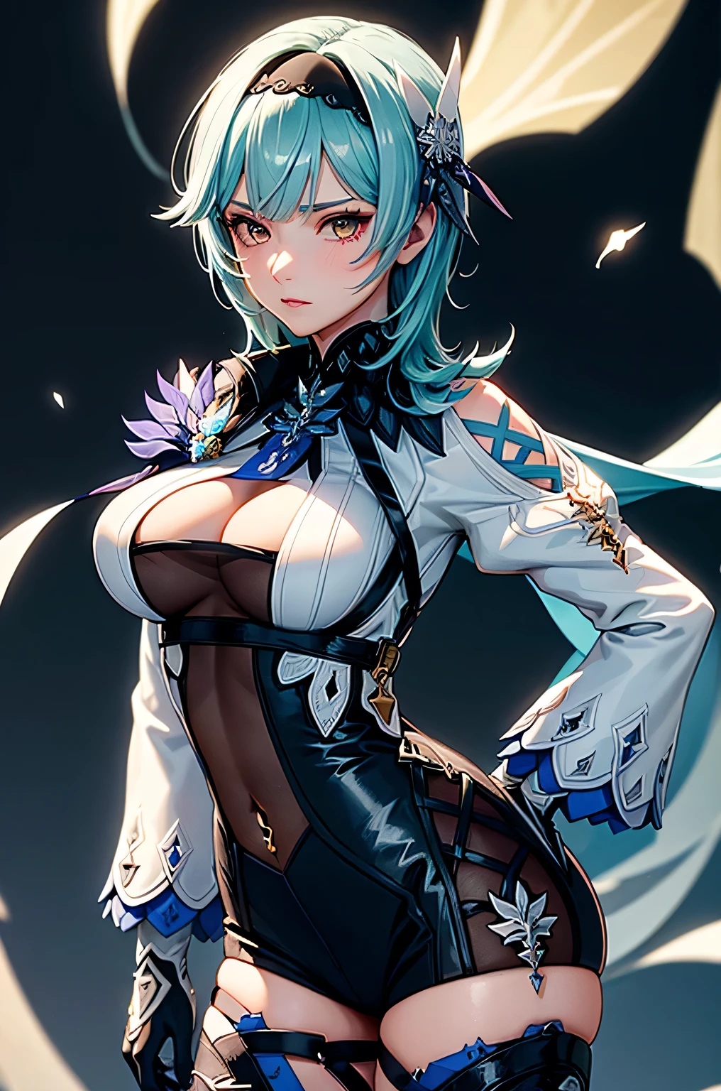 ((euladef)):1.5,((masterpiece,Highest quality,Highly detailed images,Beautiful images))1.4(Huge crystal in the background、Overall dim lighting、Backlight、A fantastic atmosphere、Thick Fog、Dust flutters)1.3,(Close-up image of eula)1.1、(Beautiful 、Exposing cleavageose