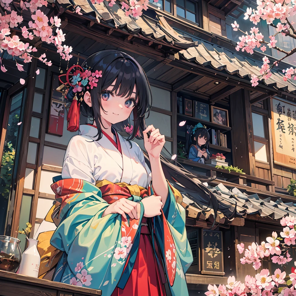 Official Art, wallpaper, Very detailed, (((Very detailedな目と顔))), shut your mouth, Warm smile,1 Girl,Arms hanging down,Half Body,Medium shot,masterpiece, best quality, Realistic Portraits, (Zendispute, Mandala, dispute, Endispute), kimono, Very detailed, Dynamic Angle, The most beautiful form of chaos, elegant, Brutalist design, Vibrant colors, Romantic cherry blossoms,outdoor,Sunlight