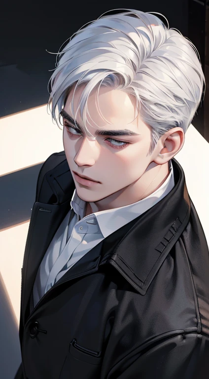 (best quality, masterpiece, 8K, photorealistic, cinematic lighting, 1:4 hdr image, top view, ultra detailed, beautiful image), a mature man, very handsome, short white hair, black eyes, perfect face without errors , (CEO)
