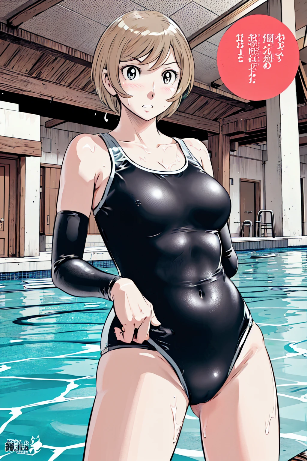 Blonde, (short hair:1.2)、((Illustration of a person))、Big Breasts、
View your viewers,, (Highest quality:1.3),blue eye star piece、Highest quality)、Highest quality, Ultra-high resolution, (((masterpiece))), alone, Sweat、Big eyes、Big Breasts、One Girl, Front view、Embarrassed face、Bronze colored hair、((short hair))、One Girl, alone, blush, Big Breasts,
Bare arms, Wet, Pool, 青いSchool Swimsuit, Thighs, Place your arms at your sides, Bare arms, Cowboy Shot, Are standing, School Swimsuit,bite、High Leg、mansuji