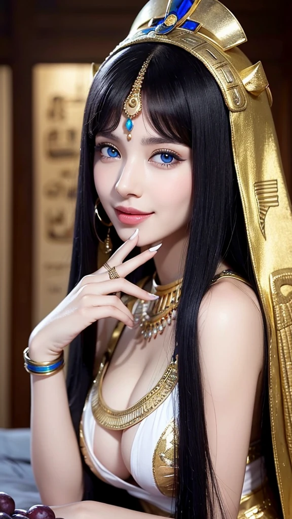 Cleopatra from Egypt blue eyes evil face she is beautiful she has big breasts Egyptian outfits on her face white skin rosy nose short black hair hand on mouth sexy looks desudor perfect smile caressing with rings and holding grapes