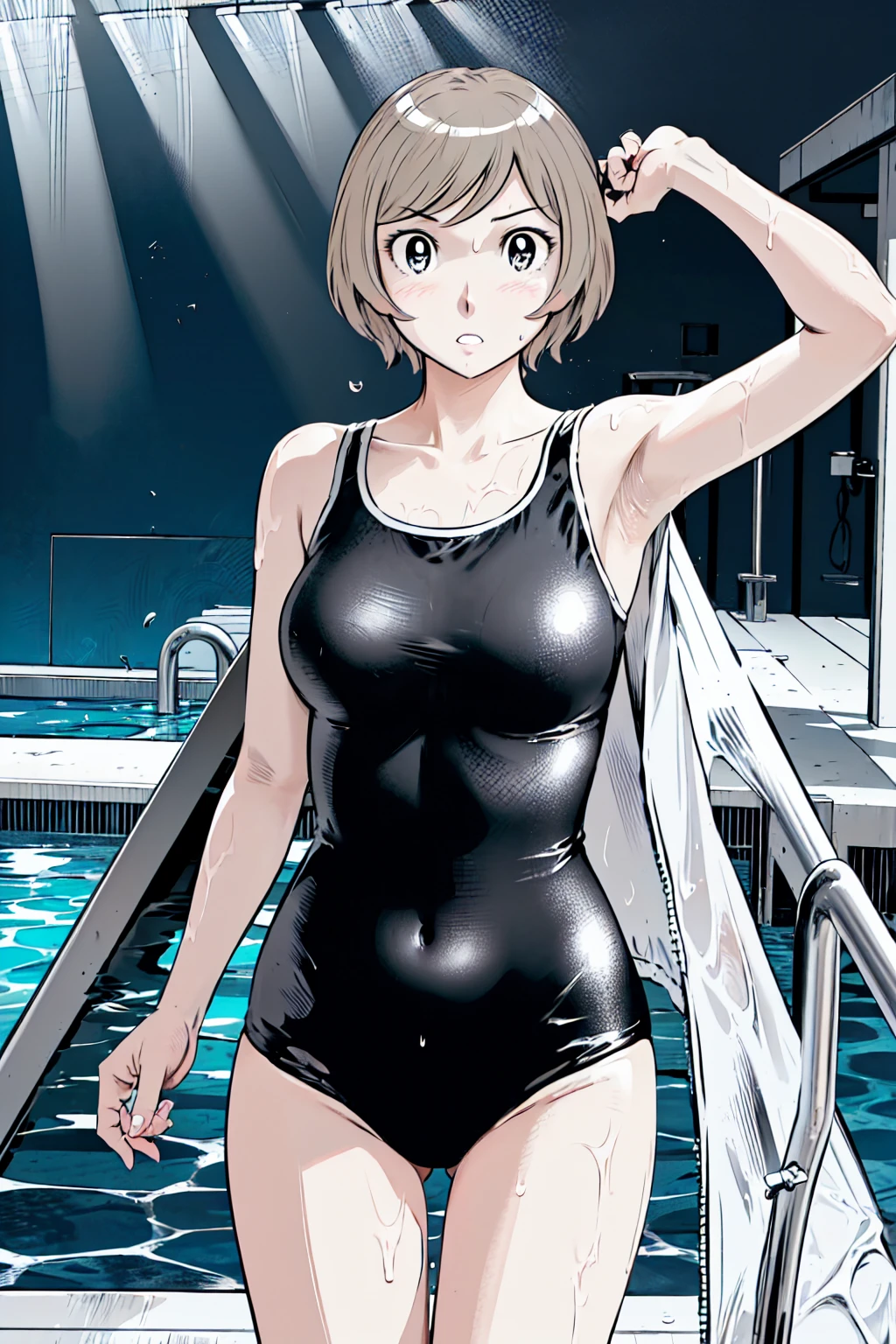 Blonde, (short hair:1.2)、((Illustration of a person))、Big Breasts、
View your viewers,, (Highest quality:1.3),blue eye star piece、Highest quality)、Highest quality, Ultra-high resolution, (((masterpiece))), alone, Sweat、Big eyes、Big Breasts、One Girl, Front view、Embarrassed face、Bronze colored hair、((short hair))、One Girl, alone, blush, Big Breasts,
Bare arms, Wet, Pool, 青いSchool Swimsuit, Thighs, Place your arms at your sides, Bare arms, Cowboy Shot, Are standing, School Swimsuit,bite、High Leg、mansuji
