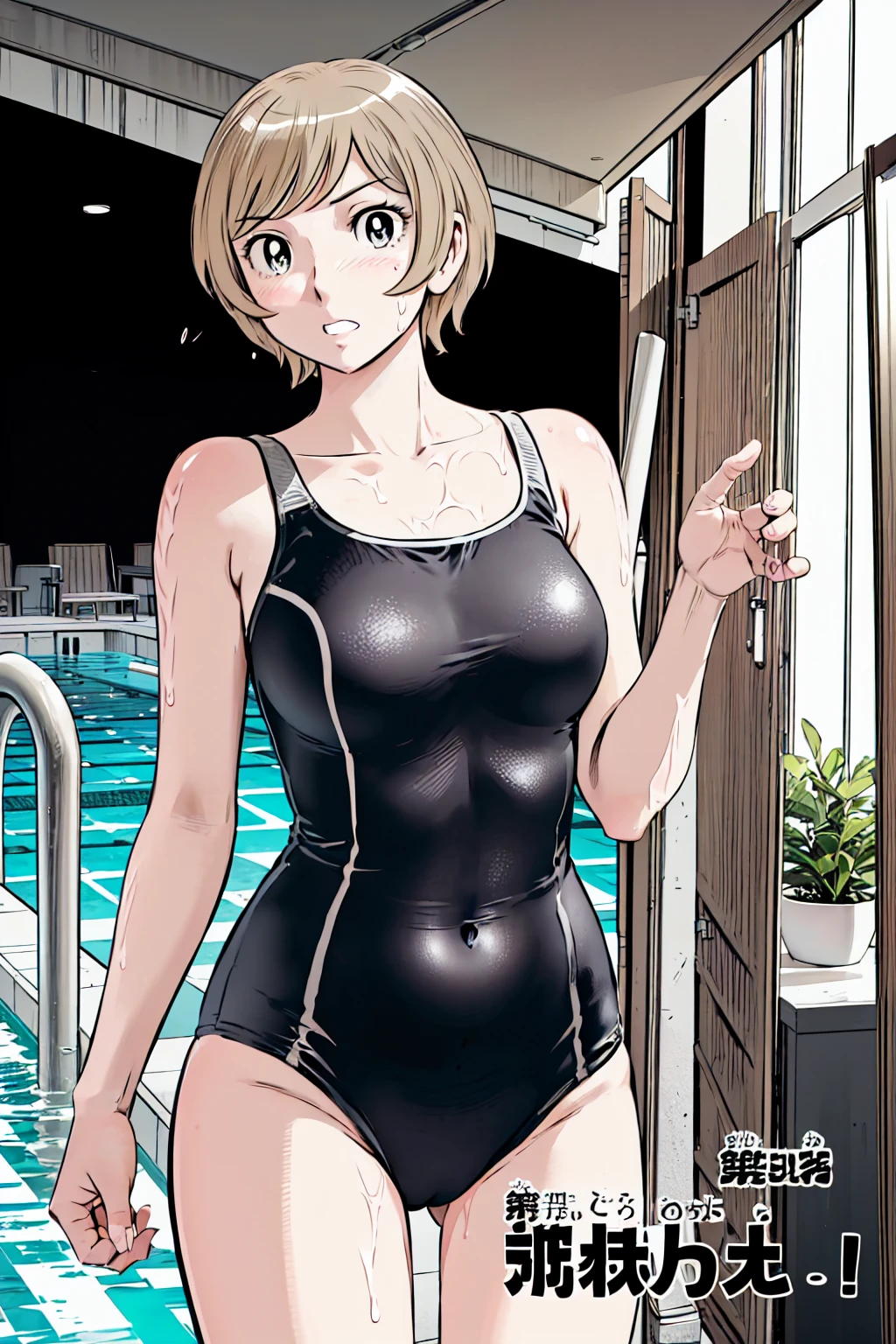 
Blonde, (short hair:1.2)、((Illustration of a person))、、
View your viewers,, (Highest quality:1.3),blue eye star piece、Highest quality)、Highest quality, Ultra-high resolution, (((masterpiece))), alone, Sweat、Big eyes、、One Girl, Front view、Embarrassed face、Bronze colored hair、((short hair))、One Girl, alone, blush, ,
 arms, Wet, Pool, 青いSchool , Thighs, Place your arms at your sides,  arms, Cowboy Shot, Are standing, School ,bite、High Leg、mansuji