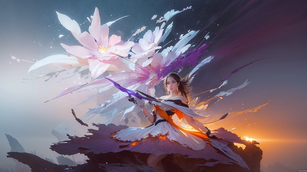 32k, Masterpiece, Highest quality, One girl, Detailed eyes, flower,Alstroemeria, White and orange style,A dreamy, romantic piece,Pale purple, Mysterious Leaves,A playful arrangement,Fantasy,High Contrast,Ink strokes,explosion,Exposure, Impression of white and orange tones,Abstract,((Watercolours by John Berkey and Jeremy Mann )) Brush strokes,Negative Space, Tyndall effect,