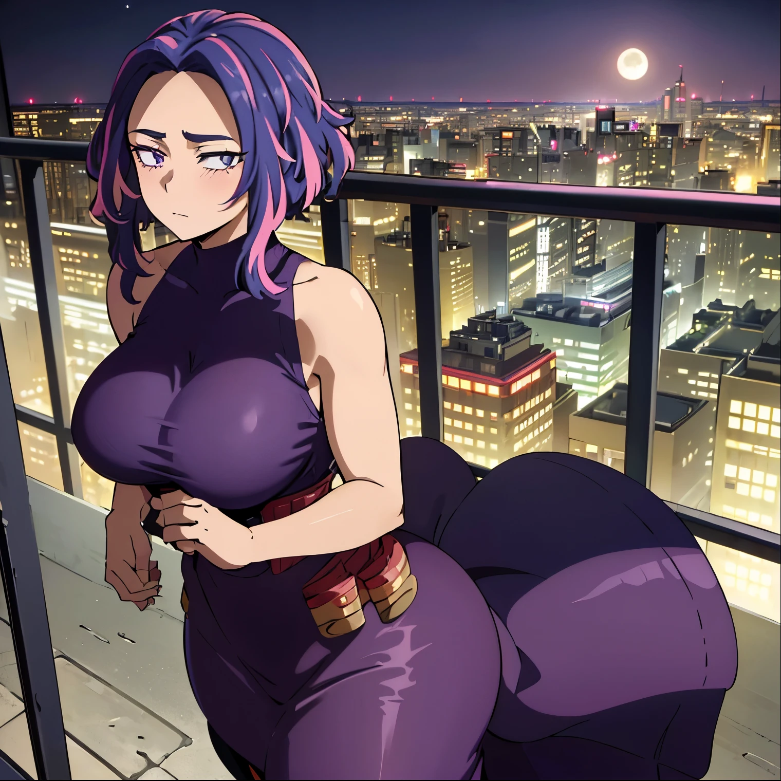1 girl, alone, lady nagant, (masterpiece, best quality, ultra detailed, beautiful illustration), atmospheric perspective, depth of field, dynamic pose,  body, looking at viewer, beautiful detailed eyes, anime eyes, (shot cowboy),  body, (outdoor, night, giant moon, tokyo, metropolis), 1 girl, neutral expression, mature woman, (, medium waist, wide , medium thighs, round ), Nagant, hair purple, purple eyes, multicolored hair, short hair, sleeveless, hair with highlights, pink hair, medium hair,  shoulders, two-color hair, ((black dress)), sleeveless, open back, (hands on waist: 1.2 )),light blush, (standing_arched back: 1.2), (wearing sweater: 1.2), (black stockings: 1.2), thighs, bright pupils, white pupils, bangs, looking back,, ((focus on the )), pov(from below), (on top of an apartment:1.5, leaning on a railing:1.5, city view:1.5, city lights:1.5), perfect hands, perfect ,