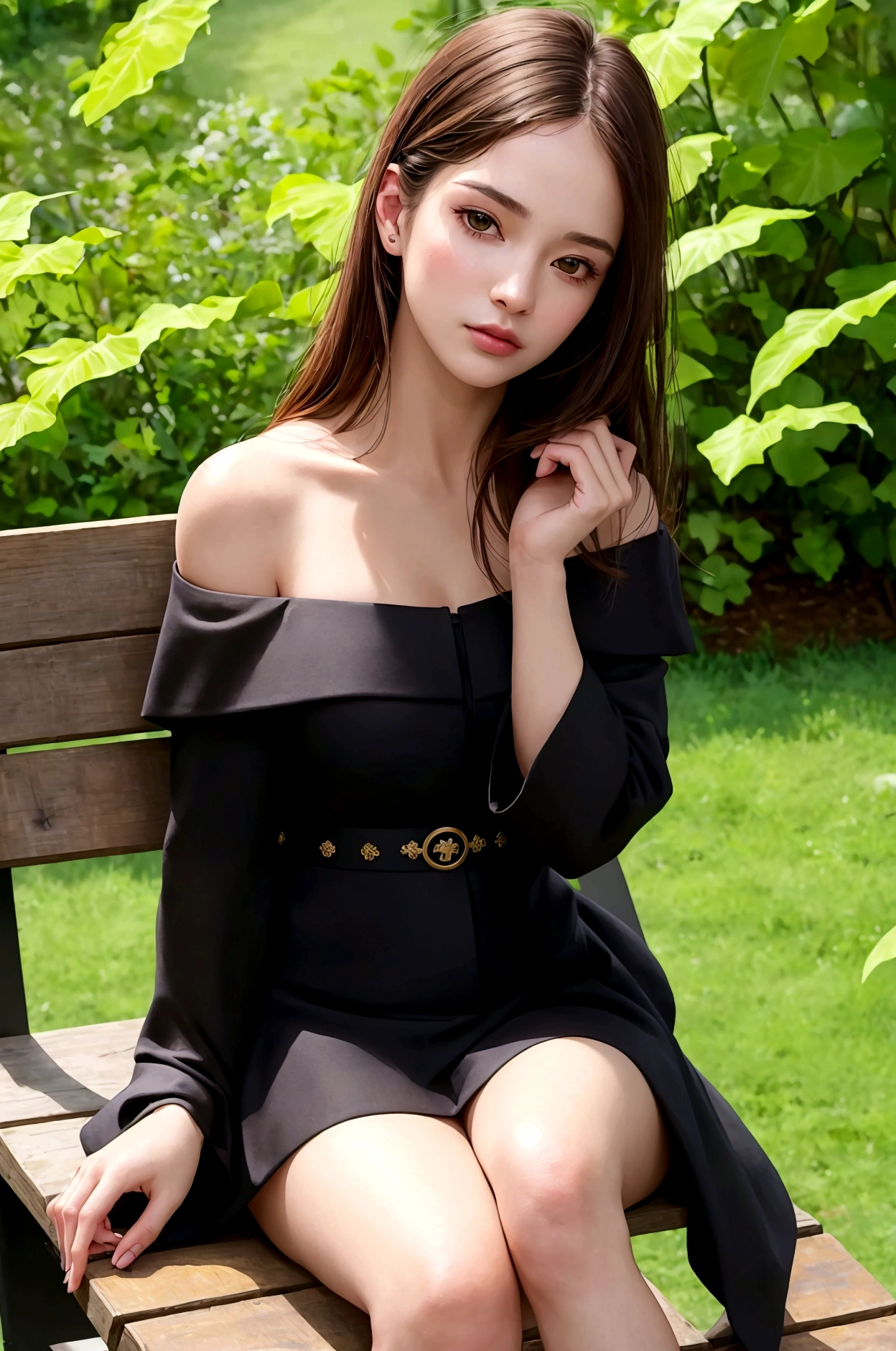 (best quality, masterpiece, highres:1.2), detailed, a woman, sitting on a wooden bench, outdoors, greenery, wearing a black off-shoulder blazer, crossed legs, hands rest on her knee, long hair, 