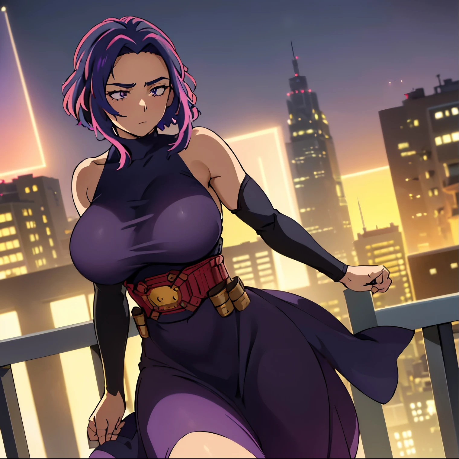 1 girl, alone, lady nagant, (masterpiece, best quality, ultra detailed, beautiful illustration), atmospheric perspective, depth of field, dynamic pose, curvy body, looking at viewer, beautiful detailed eyes, anime eyes, (shot cowboy), sexy body, (outdoor, night, giant moon, tokyo, metropolis), 1 girl, neutral expression, mature woman, (huge breasts, medium waist, wide hips, medium thighs, round butt), Nagant, hair purple, purple eyes, multicolored hair, short hair, sleeveless, hair with highlights, pink hair, medium hair, bare shoulders, two-color hair, ((black dress)), sleeveless, open back, (hands on waist: 1.2 )),light blush, (standing_arched back: 1.2), (wearing sweater: 1.2), (black stockings: 1.2), thighs, bright pupils, white pupils, bangs, looking back,from behind, ((focus on the ass)), pov(from below), (on top of an apartment:1.5, leaning on a railing:1.5, city view:1.5, city lights:1.5), perfect hands, perfect anatomy,