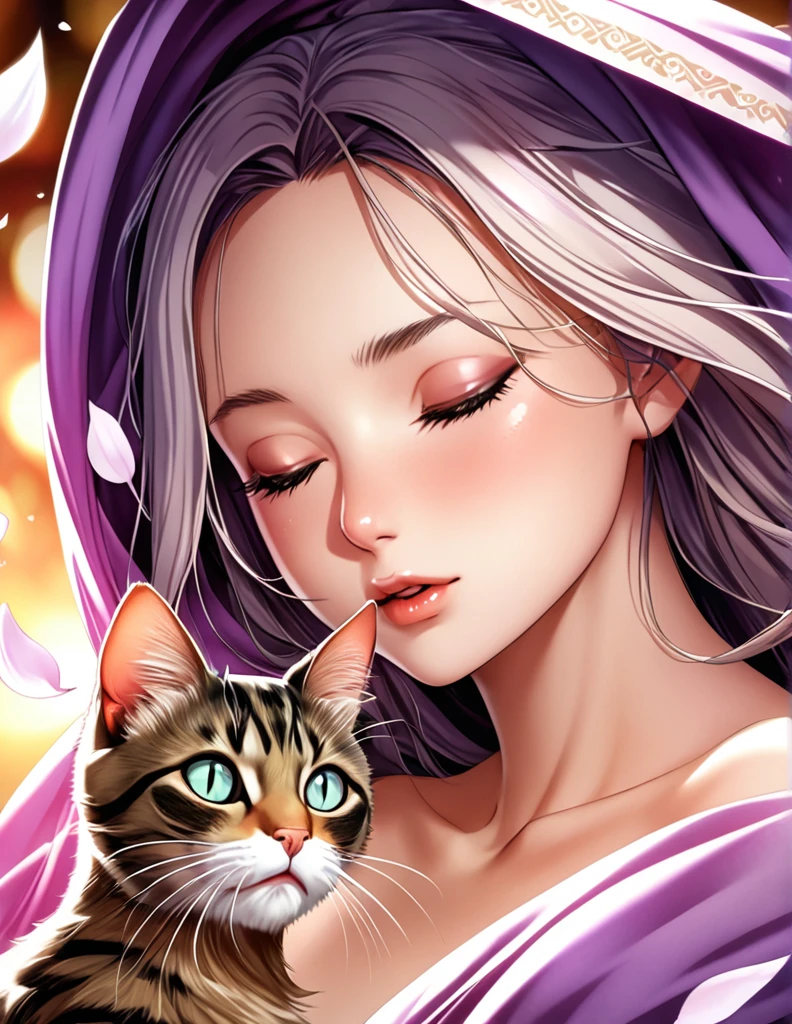 (Harem Manga style:1.2) , Hallucination, daydream , nightmare , Insane Dream , bokeh , erotica , romance , girl and realistic cat , Petals fluttering down , (Single eyelids, round nose, swollen cheeks) , glossy lips , Collarbone , Hair blowing in the wind , Goddess of lust , wrapped body by transparent blanket , hide private parts by cats , (close up cat:1.1)