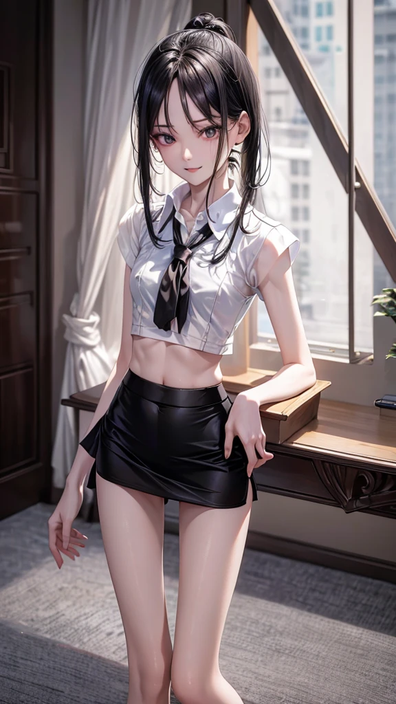 RAW, masterpiece, best quality, extremely detailed, 8k, HDR, photorealistic, intricate, (A skinny Korean girl), (black straight hair), (extremely-slim body), (narrow and small hips:1.3), (extremely-white pale-porcelain skin), smile, standing, outdoors, wearing a (short sleeves shirt fully opened revealing bra), and (extremely-short black microskirt:1.4), (close-up picture) 