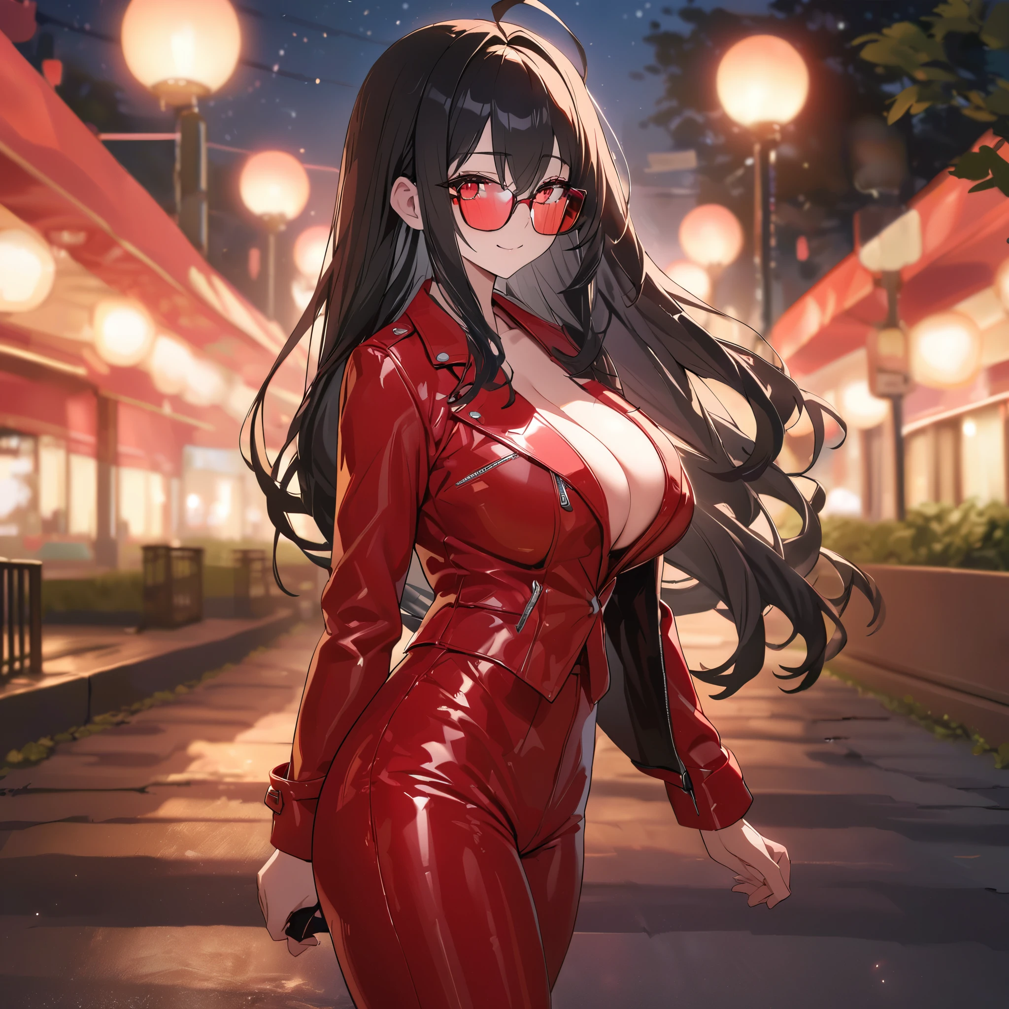 a woman wearing red long sleeve jacket, red jacket, glossy leather jacket, black hair, Ahoge, long hair, red eyes, big breasts, glossy red leather pants, wearing red sunglasses, smiling, walking on a concrete sidewalk in a park at night, lit up..UHD , prime work , accurate , anatomically correct , textured skin , super details , high quality , best quality, 8k, high resolution, bokeh effect. (woman alone)
