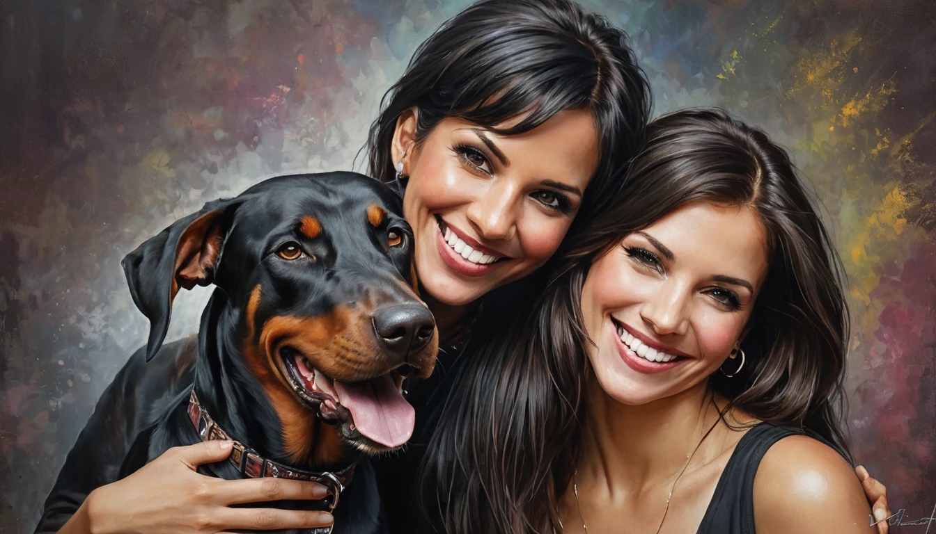 half body,
a woman smile with her best friend her doberman,
dark complex background, style by Thomas Kinkade+David A. Hardy+Carne Griffiths+Mandy Disher half vivid colors fine art, best quality, high detailed, detailed faces, 2d,