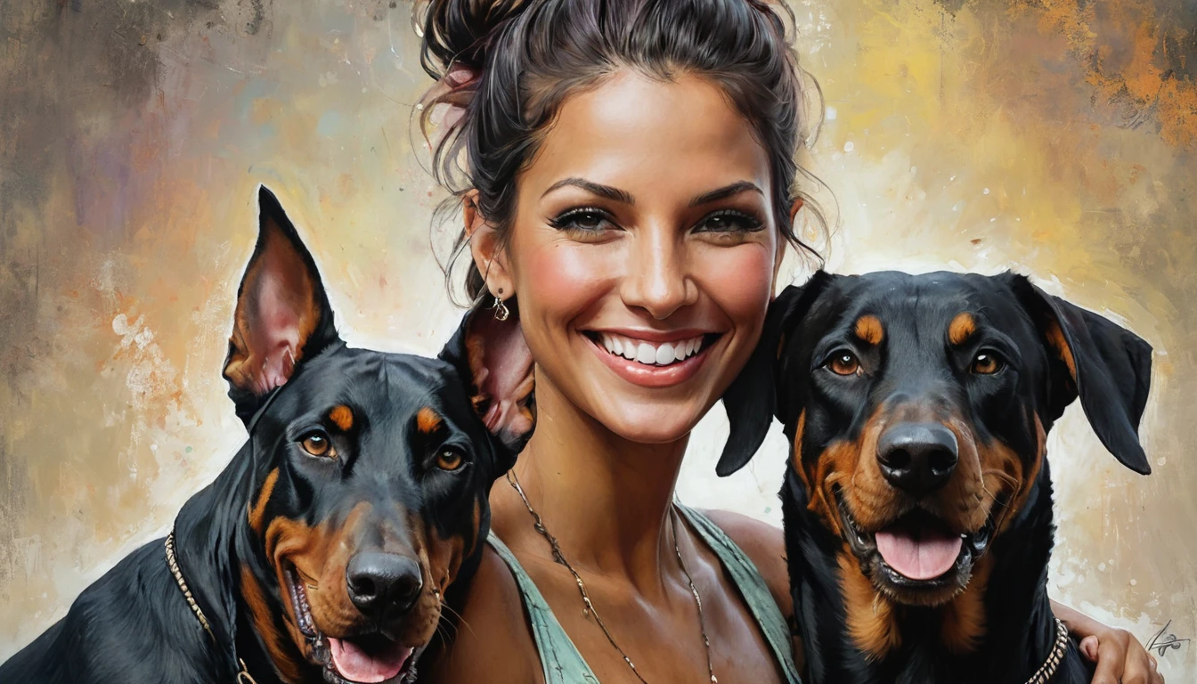half body,
a woman smile with her best friend her doberman,
dark complex background, style by Thomas Kinkade+David A. Hardy+Carne Griffiths+Mandy Disher half vivid colors fine art, best quality, high detailed, detailed faces, 2d,