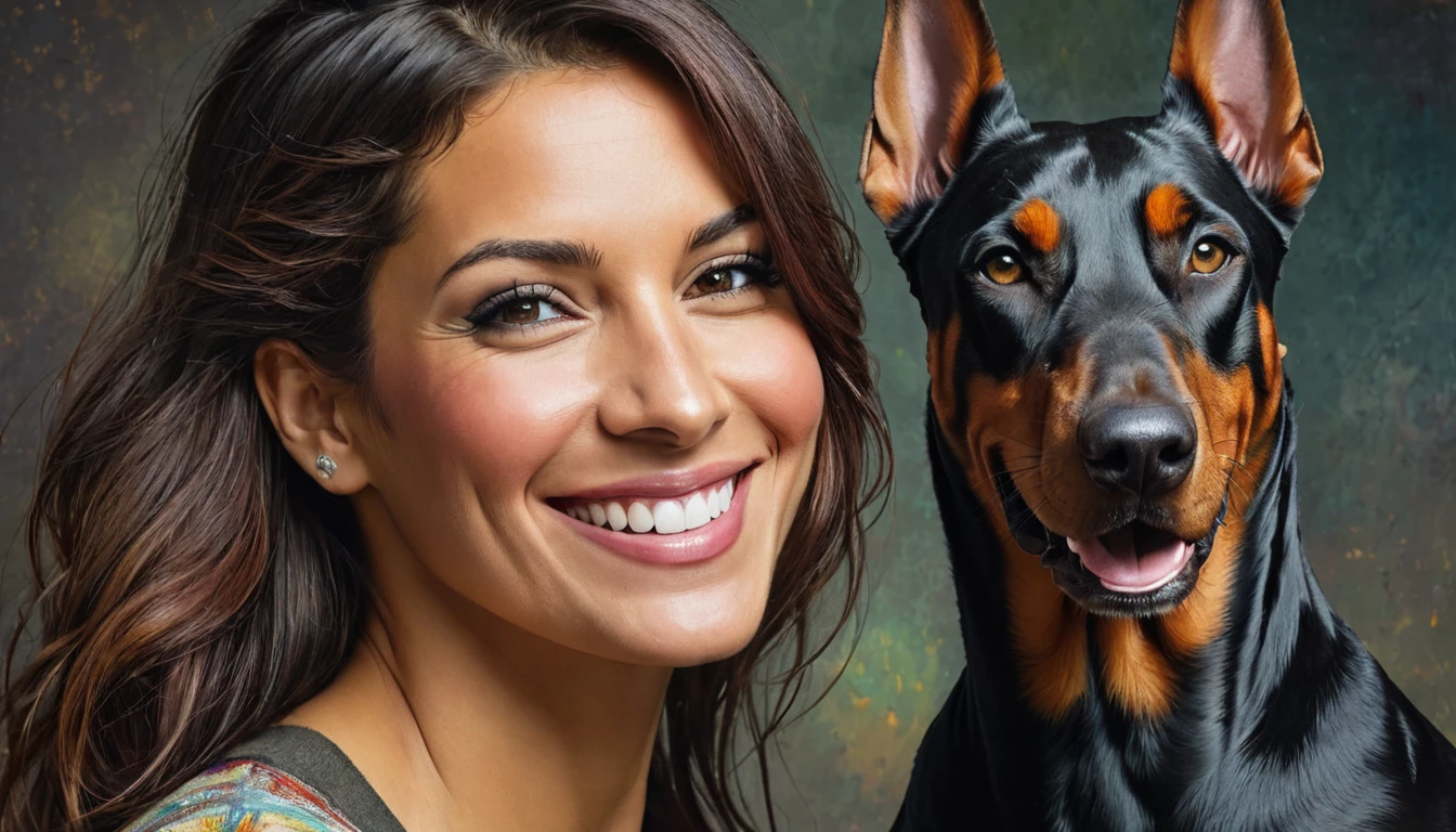half body,
a woman smile with her best friend her doberman,
dark complex background, style by Thomas Kinkade+David A. Hardy+Carne Griffiths+Mandy Disher half vivid colors fine art, best quality, high detailed, detailed faces, 2d,