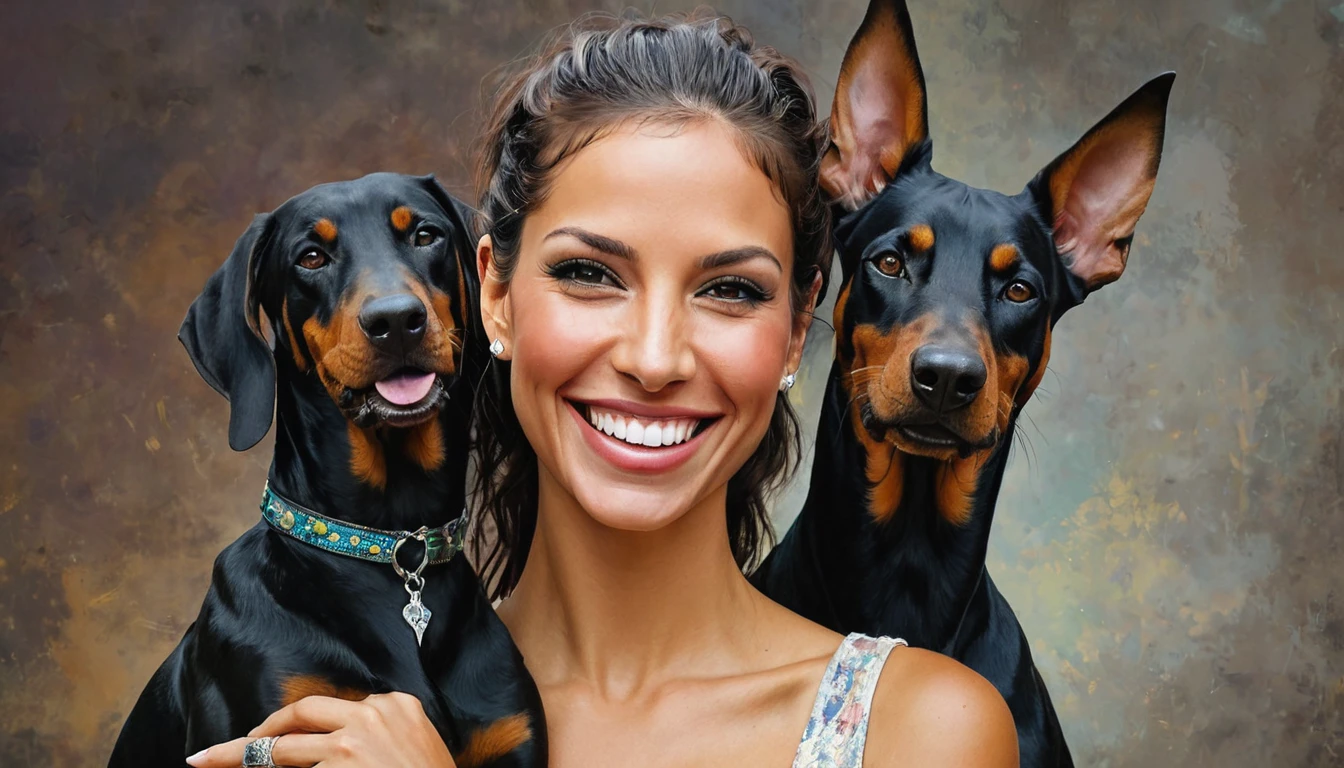 half  body,
a woman smile  with her best friend her doberman,
dark complex background, style by Thomas Kinkade+David A. Hardy+Carne Griffiths+Mandy Disher half vivid colors fine art, best quality, high detailed, detailed faces, 2d,