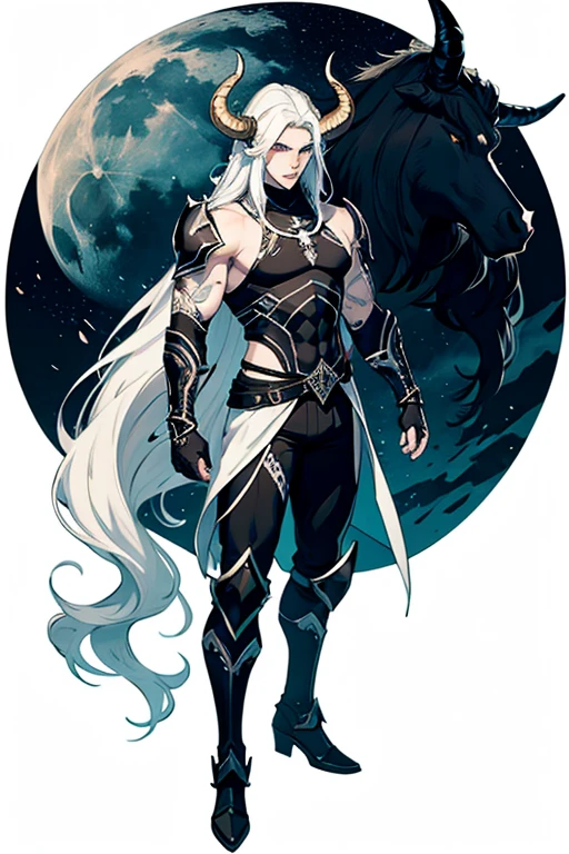 Height of 1.89 meters, pale skin and long hair and white as the moon, robust but athletic body. big horns, black and curved back, black tattoos like the night sky on the body. He also wears black plate armor.