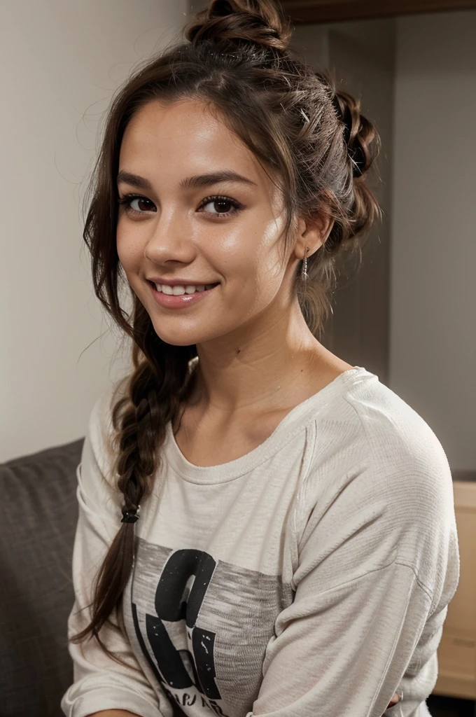 "Generate a high-quality portrait of a young woman with medium skin tone and long brown hair tied up in a messy bun.
She is wearing a casual black and white raglan shirt, has subtle makeup, including eyeliner, and is smiling softly. The background is an indoor setting with muted lighting, giving a cozy and relaxed ambiance."
