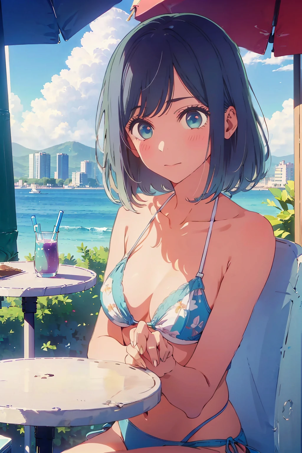 (Highest quality:1.4、8K:1.4、detailed)、F cup bust、Big Breasts、Slim body、Very white beautiful skin、((((1 person、Surprised expression、sit、Chair、In the background are the urban buildings of Tokyo、looking at the camera、Outdoor café terrace、coastal、Navy hair color、juice、Shooting up close、table、White Bikini、Very cute face))))、(Areola protrudes from the bikini:1.7)、Very blue sky、A completely cloudless sky