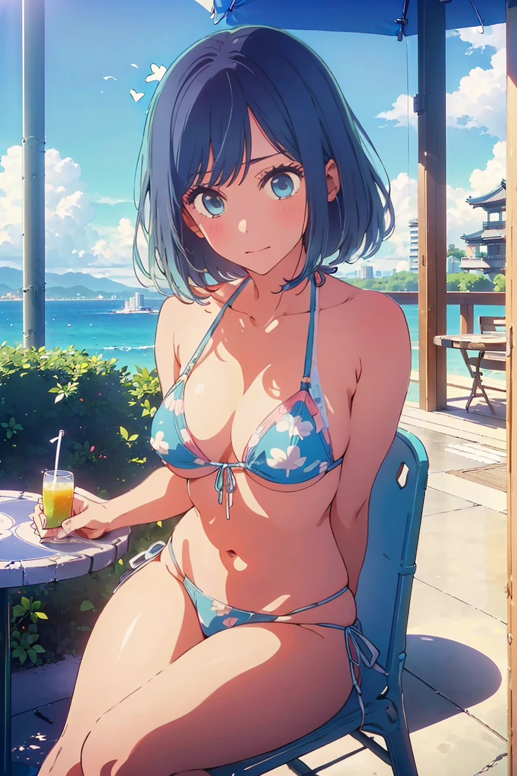 (Highest quality:1.4、8K:1.4、detailed)、F cup bust、Big Breasts、Slim body、Very white beautiful skin、((((1 person、Surprised expression、sit、Chair、In the background are the urban buildings of Tokyo、looking at the camera、Outdoor café terrace、coastal、Navy hair color、juice、Shooting up close、table、White Bikini、Very cute face))))、(Areola protrudes from the bikini:1.7)、Very blue sky、A completely cloudless sky