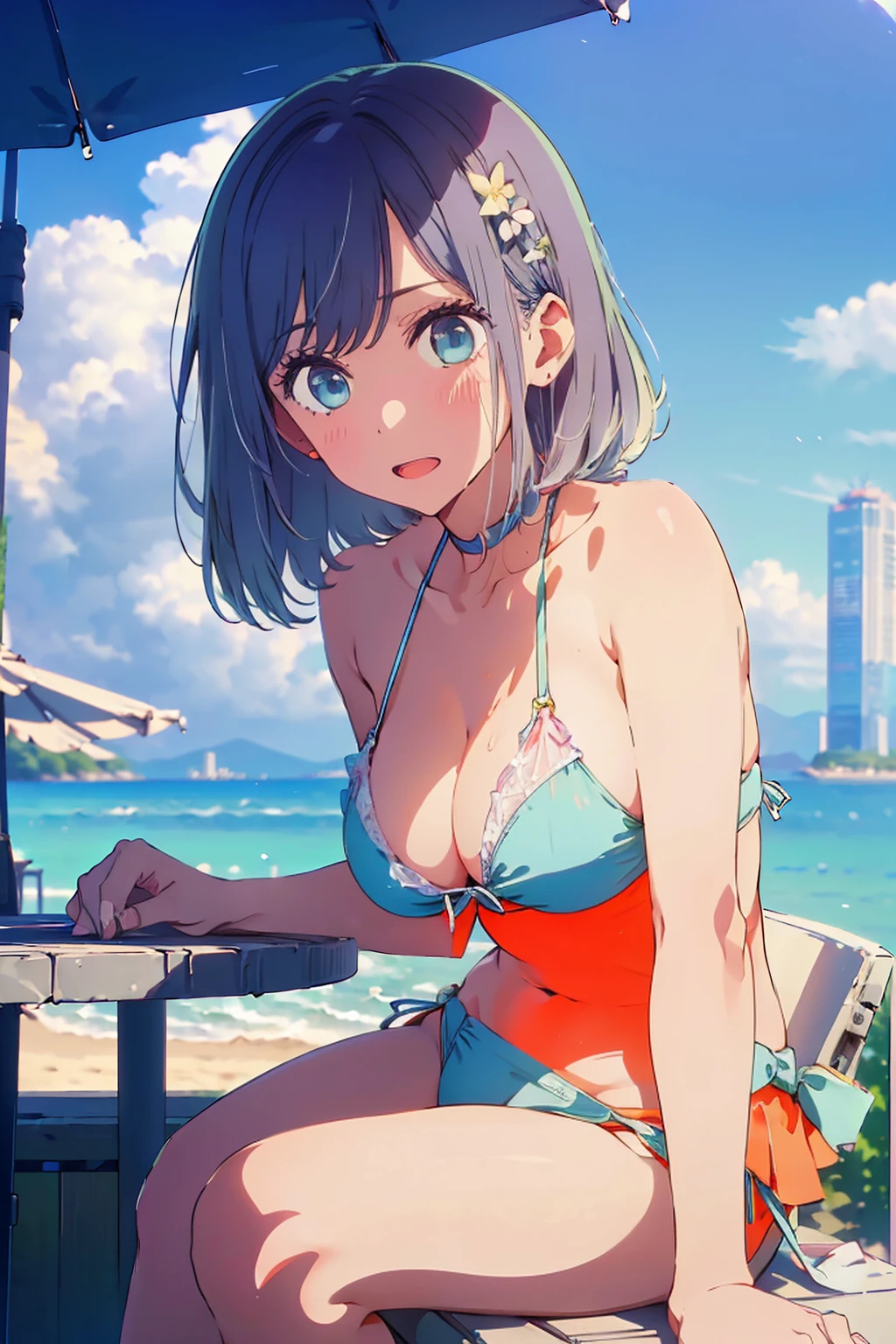 (Highest quality:1.4、8K:1.4、detailed)、F cup bust、Big Breasts、Slim body、Very white beautiful skin、((((1 person、Surprised expression、sit、Chair、In the background are the urban buildings of Tokyo、looking at the camera、Outdoor café terrace、coastal、Navy hair color、juice、Shooting up close、table、White Bikini、Very cute face))))、(Areola protrudes from the bikini:1.7)、Very blue sky、A completely cloudless sky