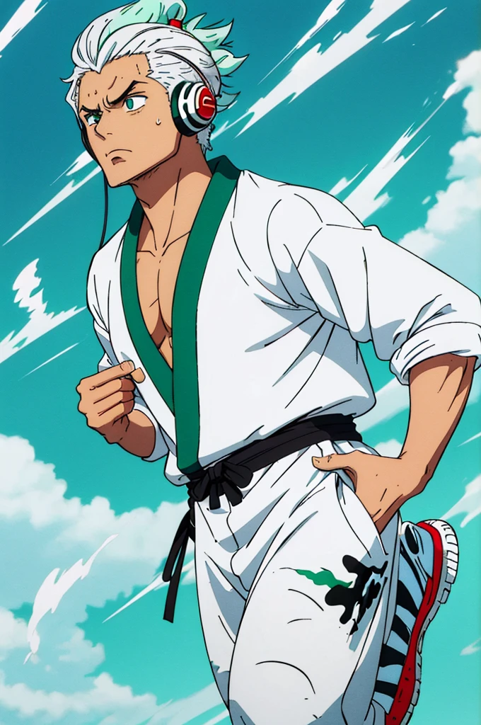 naughty man, big hair tied samurai style with white hair with water green tips, wearing a white sweatshirt with a cyan fire style print on the edge of the waist, Wearing Headphones, slanted eyes, moss green eyes, Cao Cao, smart, wearing camouflage style sweatpants, wearing tennis shoes, with perfect details of light and shadow, in 8K quality, with small rays in the form of energy (might) white and red color around its body, my character is curved but not crooked