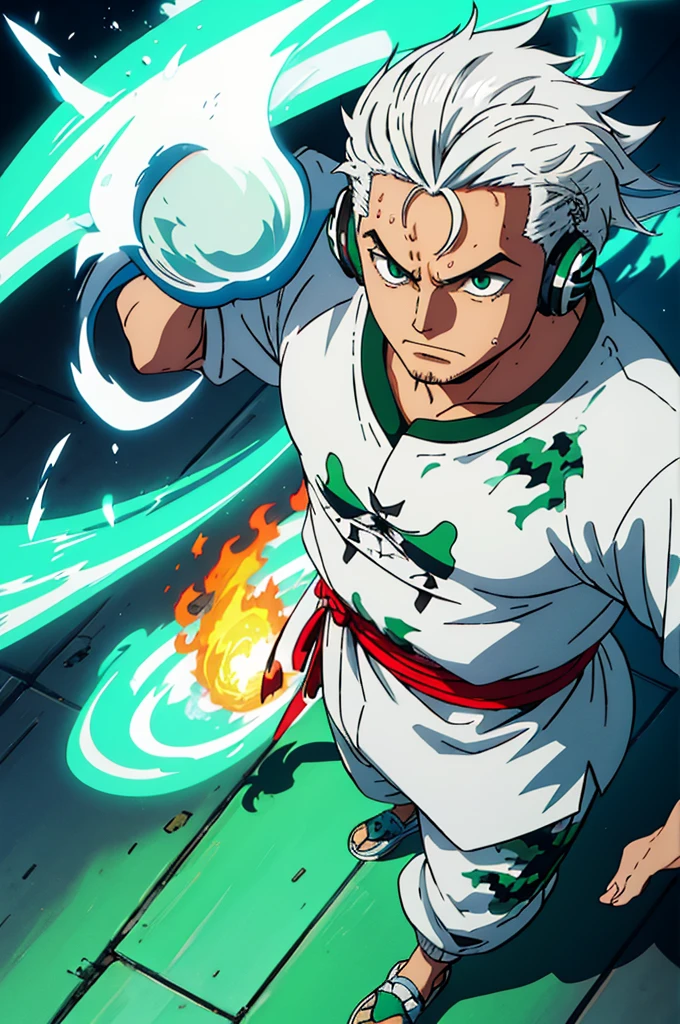 naughty man, big hair tied samurai style with white hair with water green tips, wearing a white sweatshirt with a cyan fire style print on the edge of the waist, Wearing Headphones, slanted eyes, moss green eyes, Cao Cao, smart, wearing camouflage style sweatpants, wearing tennis shoes, with perfect details of light and shadow, in 8K quality, with small rays in the form of energy (might) white and red color around its body, my character is curved but not crooked