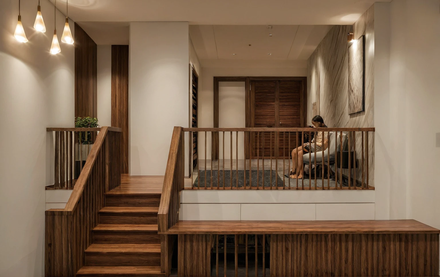 Raw photo,Masterpiece, high quality, best quality, authentic, super detail, interior, indoors, dinning room, kitchen room, style Indochine modern, minimalist line, aiaigroup , wooden, walnut veneer wood, led light, white paint wall, sofa, BED RooM