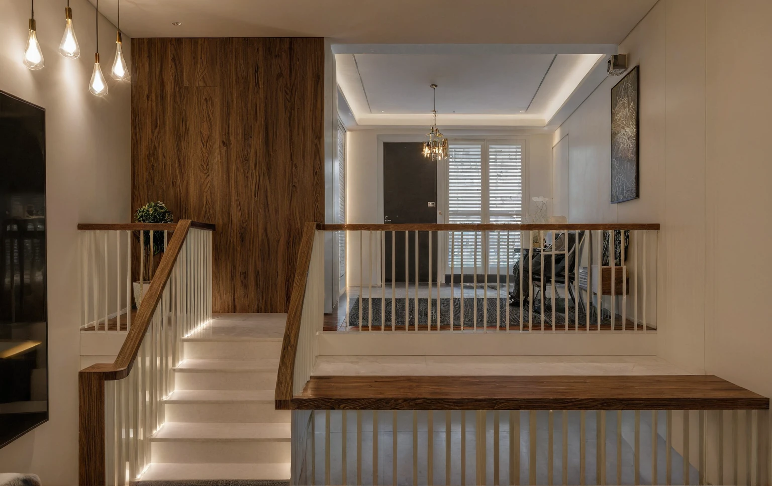 Raw photo,Masterpiece, high quality, best quality, authentic, super detail, interior, indoors, dinning room, kitchen room, style Indochine modern, minimalist line, aiaigroup , wooden, walnut veneer wood, led light, white paint wall, sofa, BED RooM